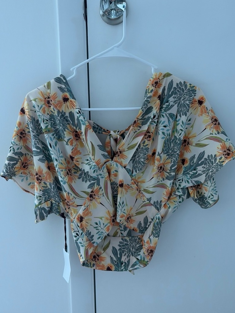Astr Floral Tie-Back Crop Top - Cream, Yellow, Green